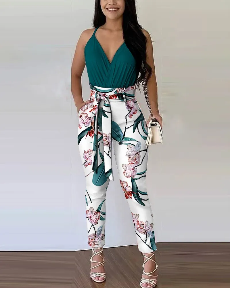 Wenkouban Women 2 Pieces Set Summer Plain Ruched Top Floral Print Pants Colorblock With Belt 2023 Femme Casual Outfits y2k