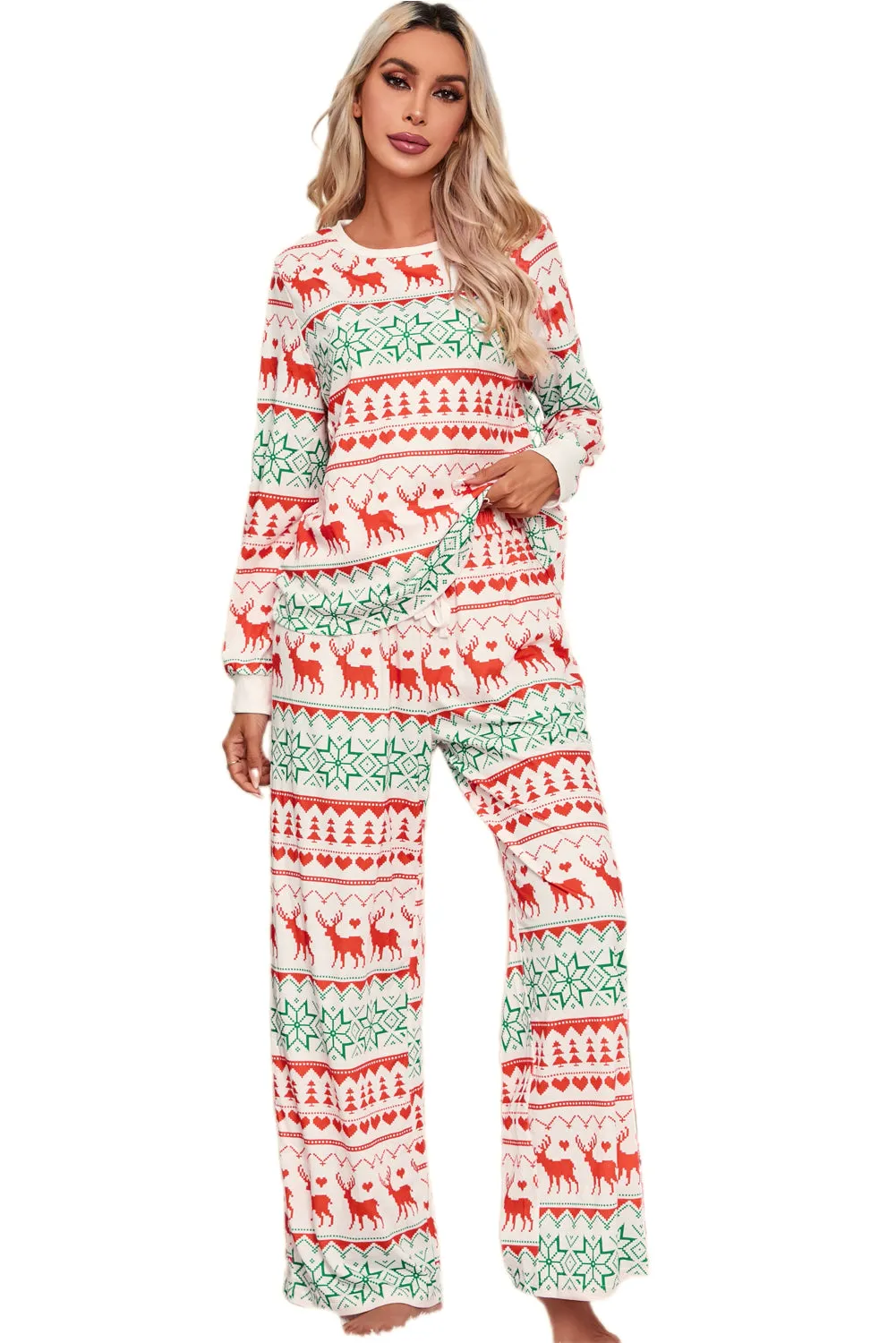 White Christmas Print Pullover and Pants Lounge Set | Long Sleeve Christmas Pajama Set | Holiday Pajama Set