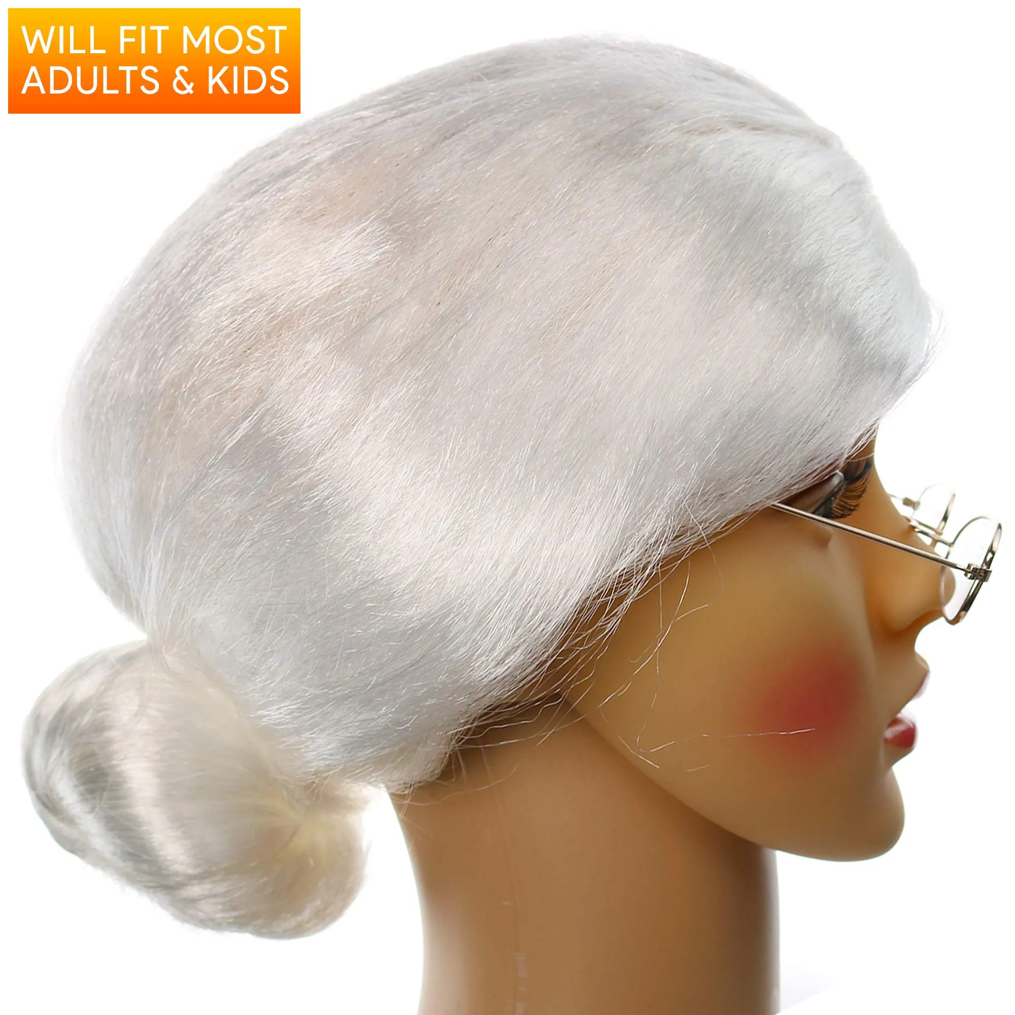 White Old Lady Wig - White Granny Costume Accessories Wig with Bun for Adults and Kids