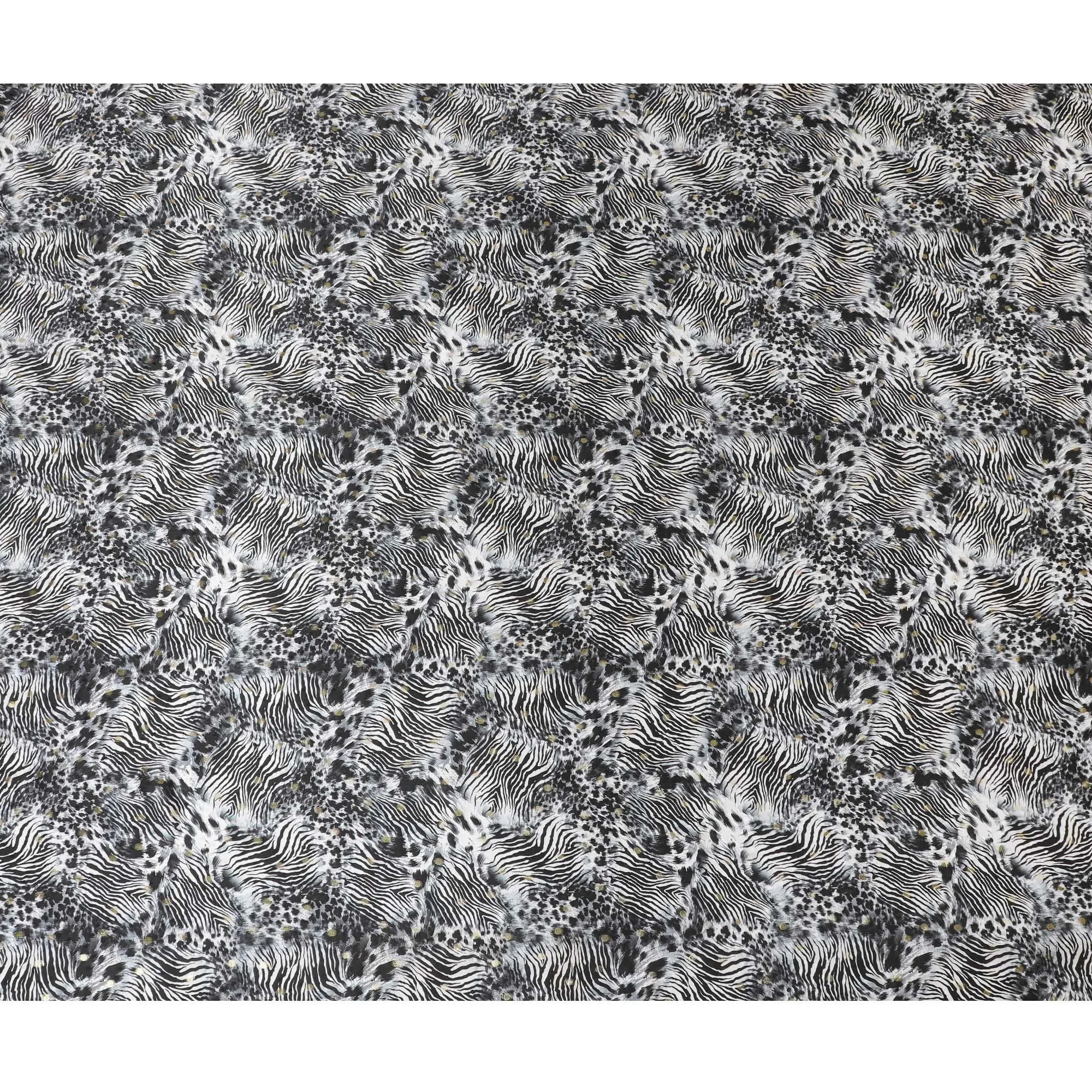 White Premium pure silk satin fabric with black and grey print having gold metallic in animal skin design-D17070