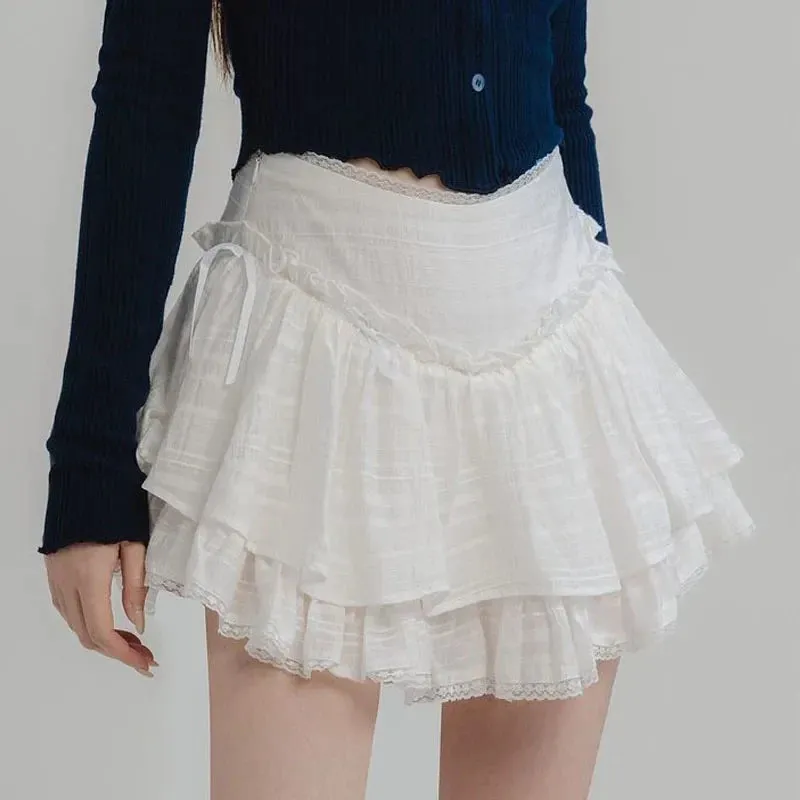 White Ruffle Lace Coquette Layered Mesh Korean Skirt