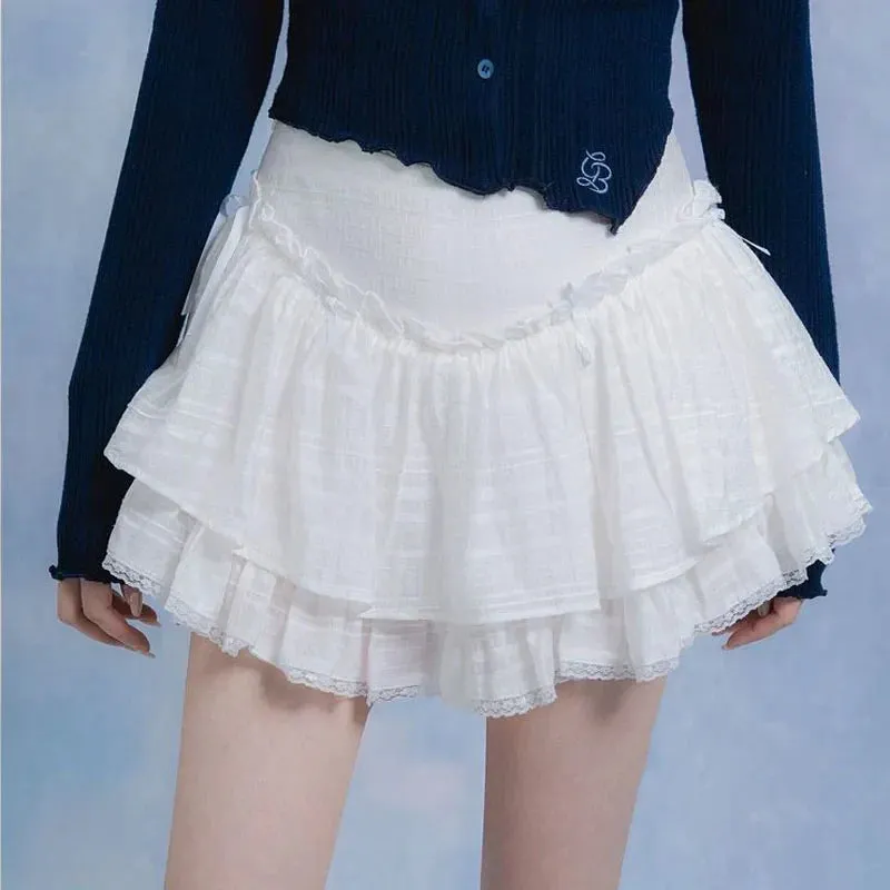 White Ruffle Lace Coquette Layered Mesh Korean Skirt