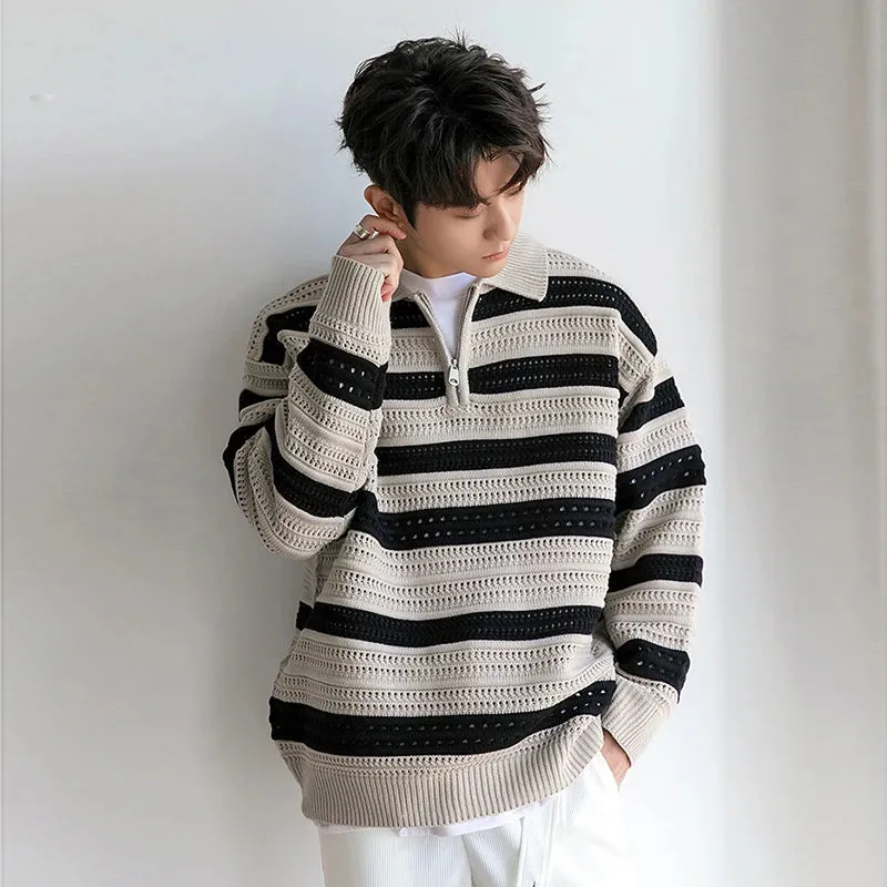 Wiaofellas  -  fall outfits men Autumn Men's Luxury Knitted Pullover Sweater Korean Patchwork  Zipper Lapel Long Sleeve Casual Streetwear Loose Polo Knitwear