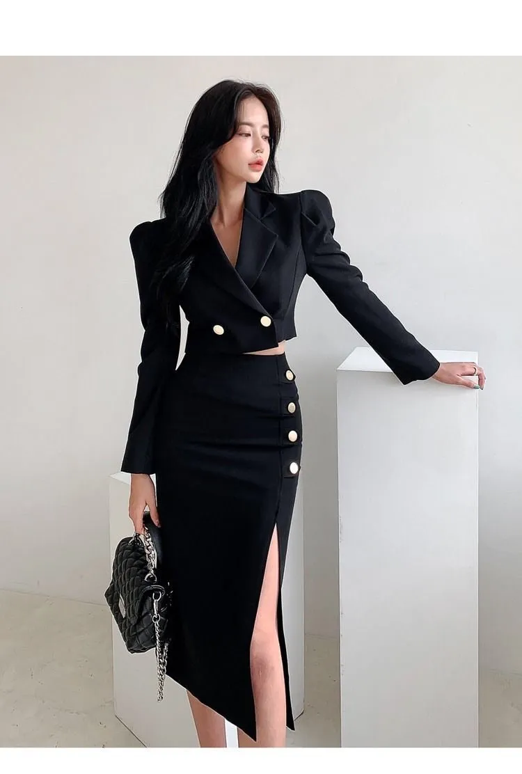 Wjczt Formal suit two-piece female dress autumn and winter office suit short coat   slit skirt sexy dress two-piece black dress