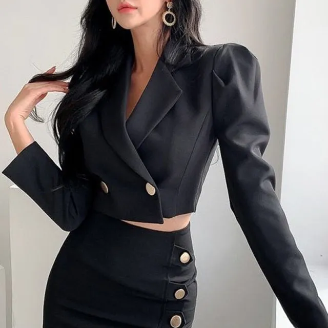 Wjczt Formal suit two-piece female dress autumn and winter office suit short coat   slit skirt sexy dress two-piece black dress