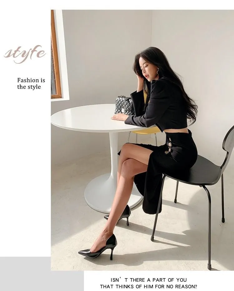 Wjczt Formal suit two-piece female dress autumn and winter office suit short coat   slit skirt sexy dress two-piece black dress