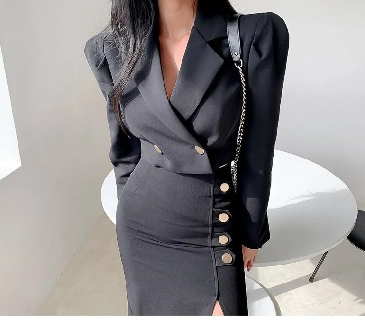 Wjczt Formal suit two-piece female dress autumn and winter office suit short coat   slit skirt sexy dress two-piece black dress