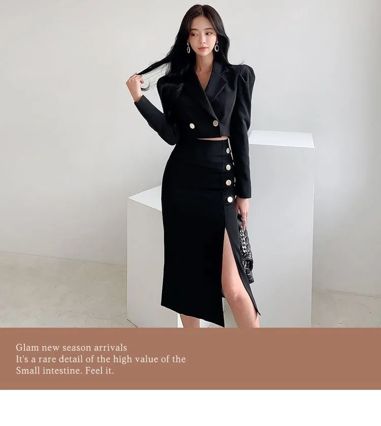 Wjczt Formal suit two-piece female dress autumn and winter office suit short coat   slit skirt sexy dress two-piece black dress