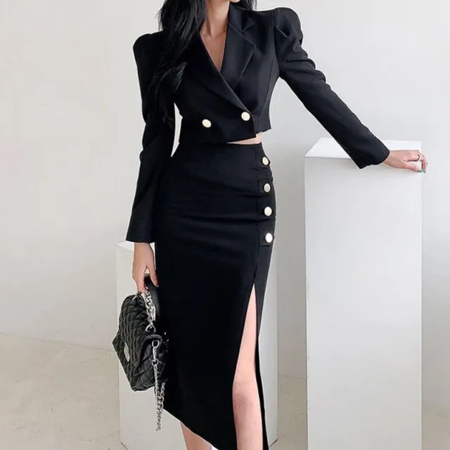 Wjczt Formal suit two-piece female dress autumn and winter office suit short coat   slit skirt sexy dress two-piece black dress