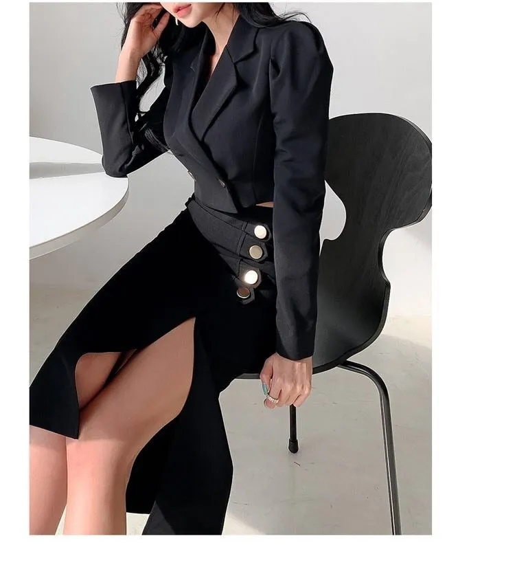 Wjczt Formal suit two-piece female dress autumn and winter office suit short coat   slit skirt sexy dress two-piece black dress