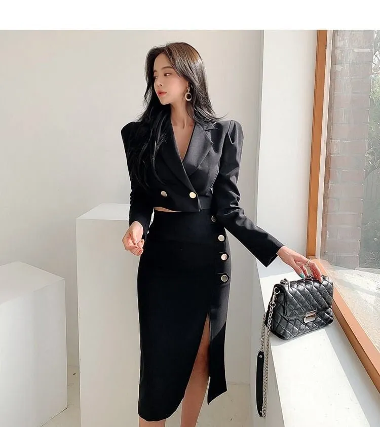 Wjczt Formal suit two-piece female dress autumn and winter office suit short coat   slit skirt sexy dress two-piece black dress