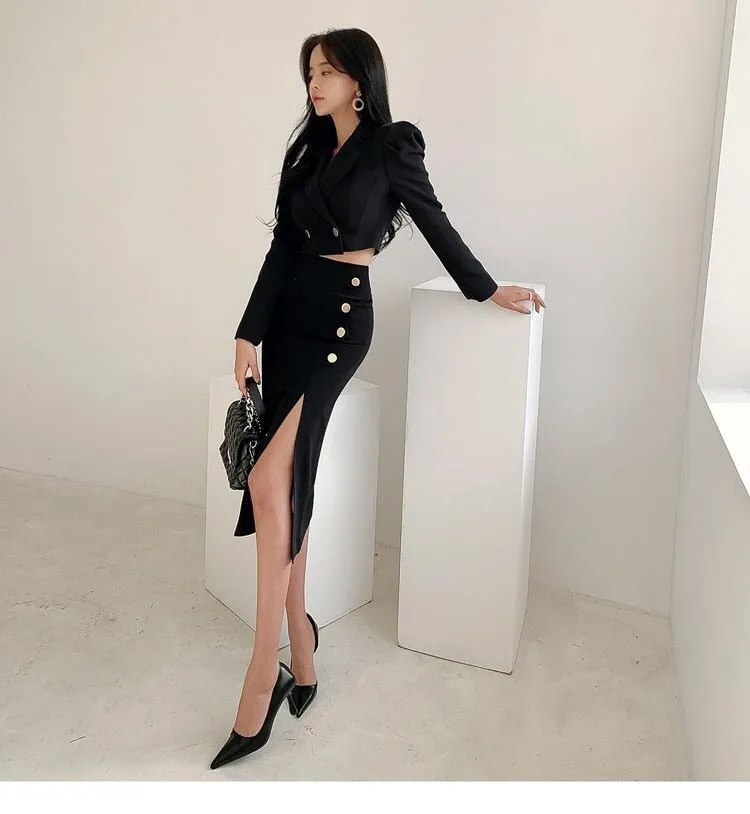 Wjczt Formal suit two-piece female dress autumn and winter office suit short coat   slit skirt sexy dress two-piece black dress