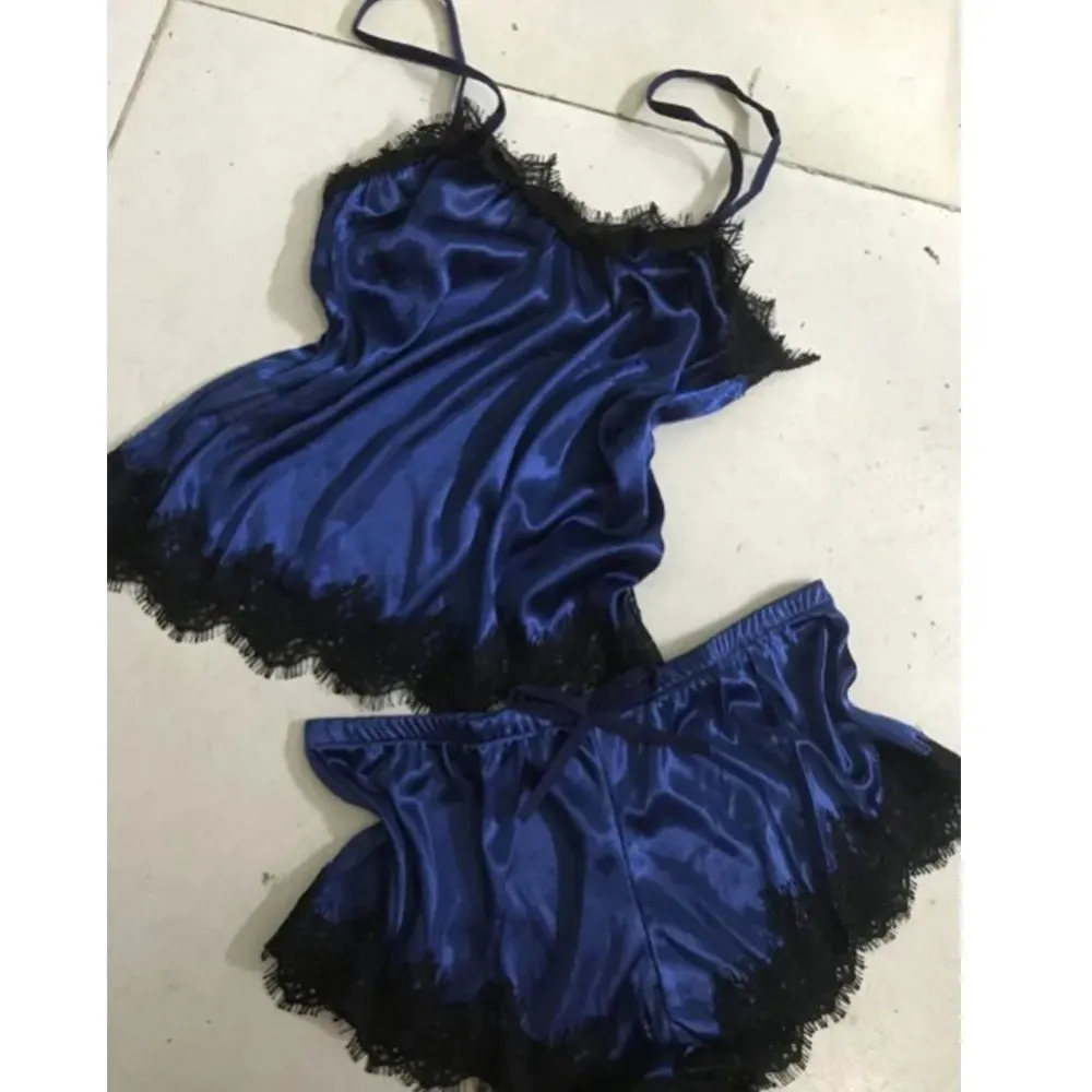 Women Pyjama Suit Fashion V-Neck Stretch Satin Babydoll Lace Sexy Lingerie Bowknot Pyjamas Sleep Shorts Set Sleepwear