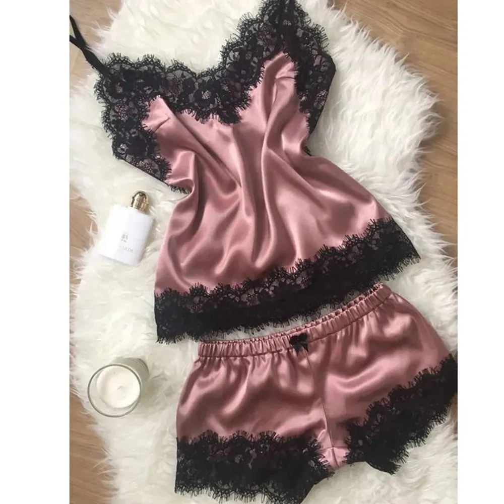 Women Pyjama Suit Fashion V-Neck Stretch Satin Babydoll Lace Sexy Lingerie Bowknot Pyjamas Sleep Shorts Set Sleepwear