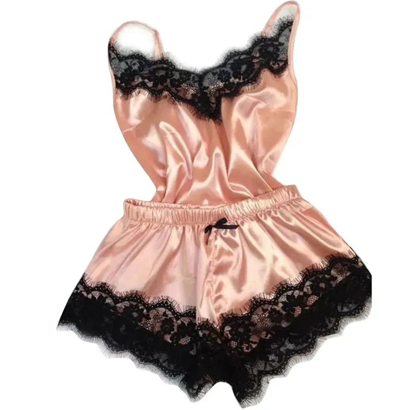 Women Pyjama Suit Fashion V-Neck Stretch Satin Babydoll Lace Sexy Lingerie Bowknot Pyjamas Sleep Shorts Set Sleepwear