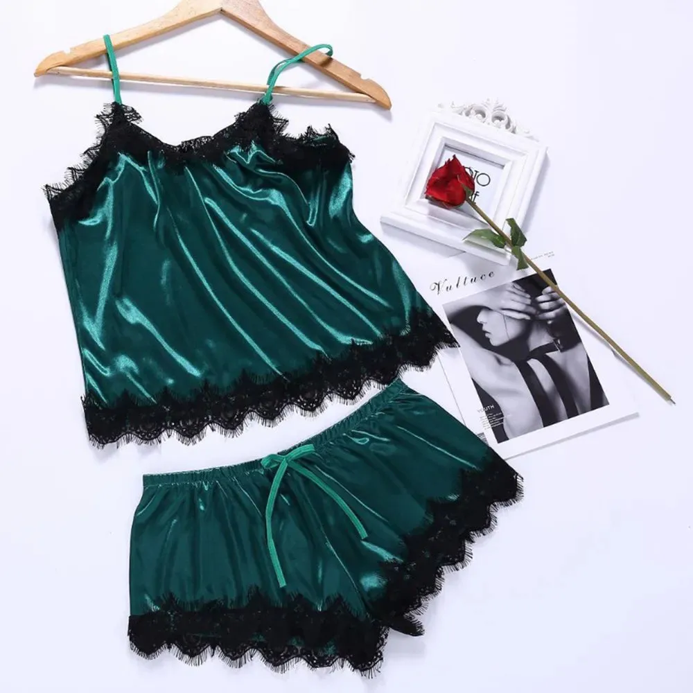 Women Pyjama Suit Fashion V-Neck Stretch Satin Babydoll Lace Sexy Lingerie Bowknot Pyjamas Sleep Shorts Set Sleepwear