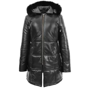 Womens 3/4 Length Leather Puffer Coat Lisa Black