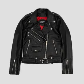 Women's Classic Fit Commando Leather Jacket - Black/Nickel W/ Red Lining