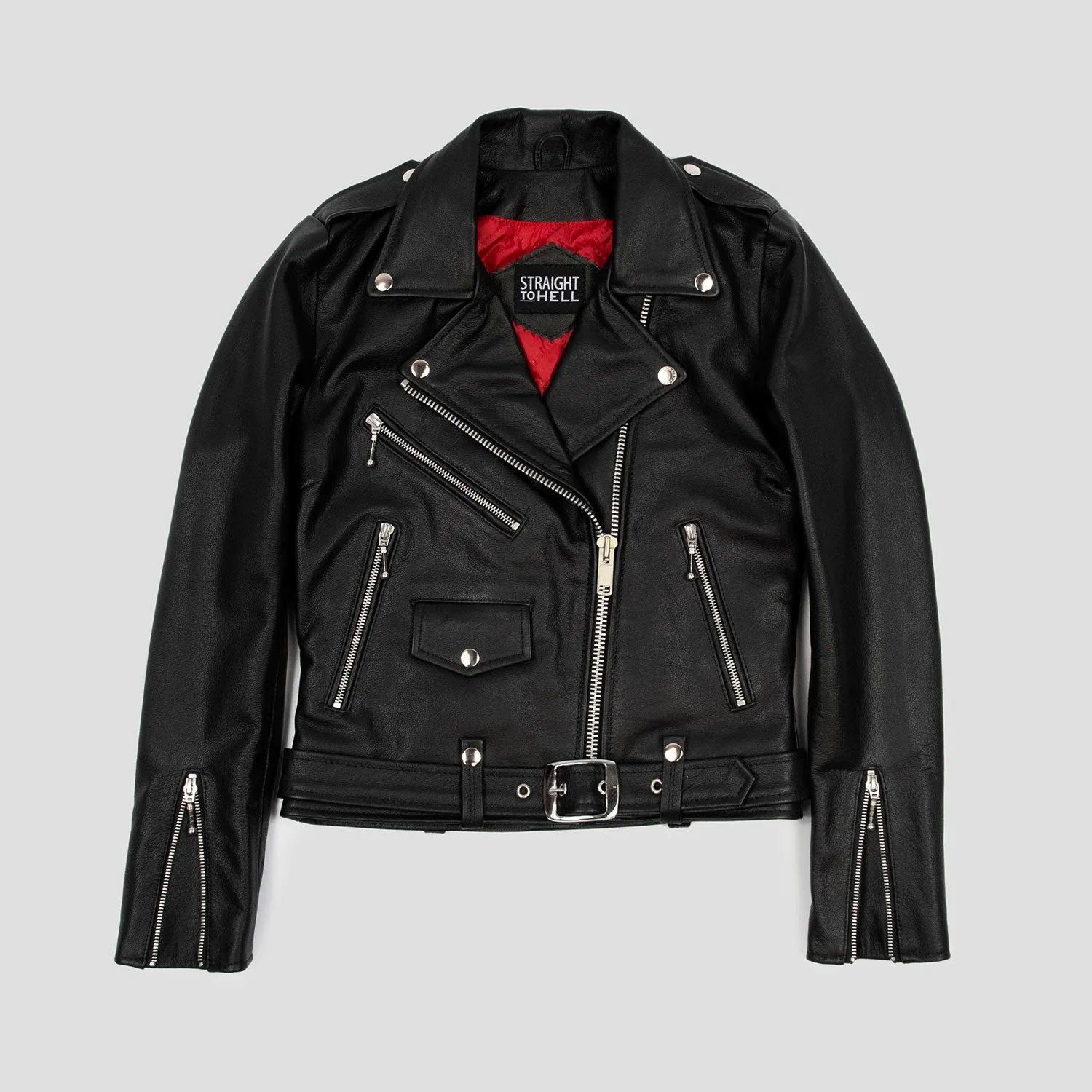 Women's Classic Fit Commando Leather Jacket - Black/Nickel W/ Red Lining