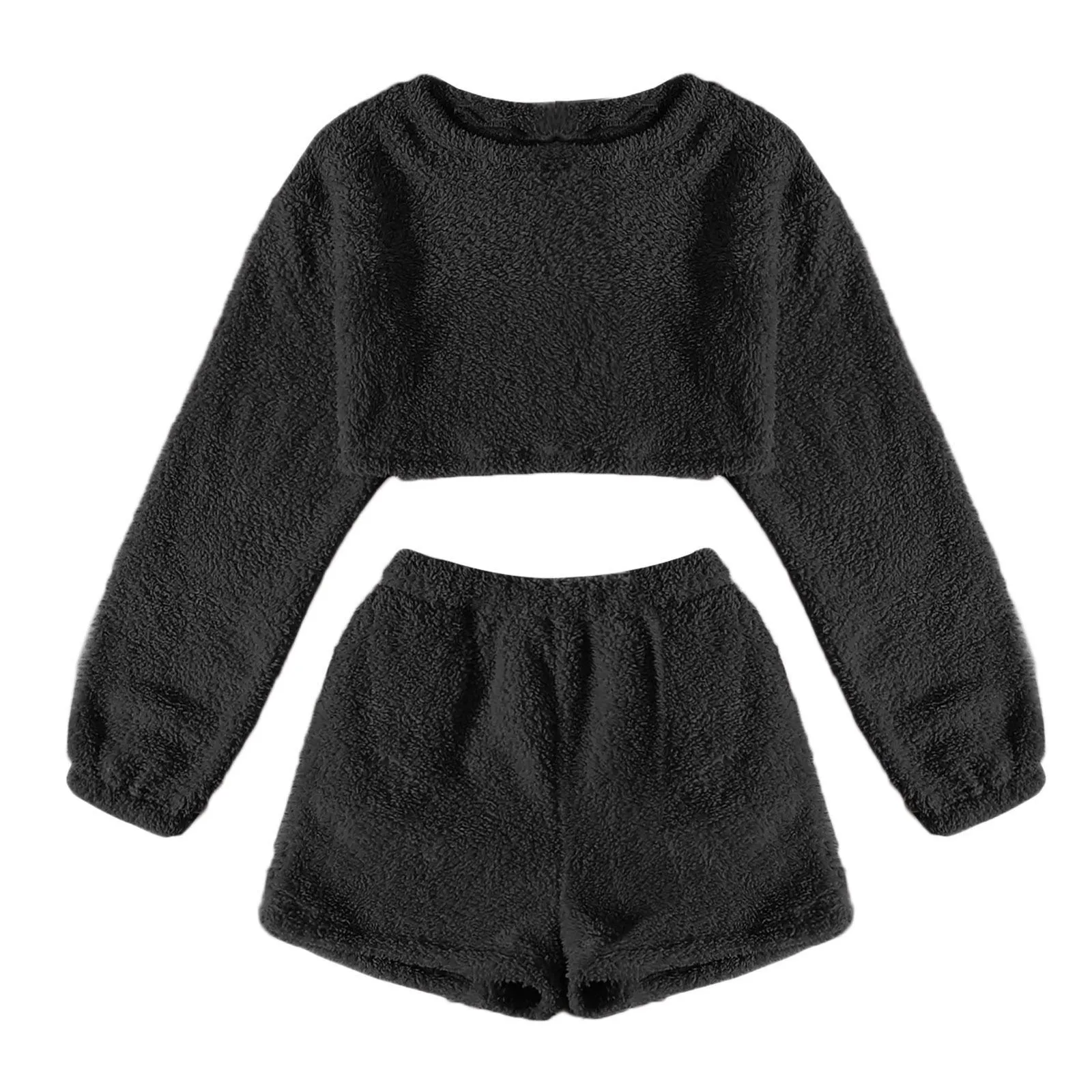 Women's Fuzzy Lounge Casual Pajamas Sets Long Sleeve Fleece Pullover and Shorts Pants Set 2 Piece Fluffy Loungewear Sleepwear