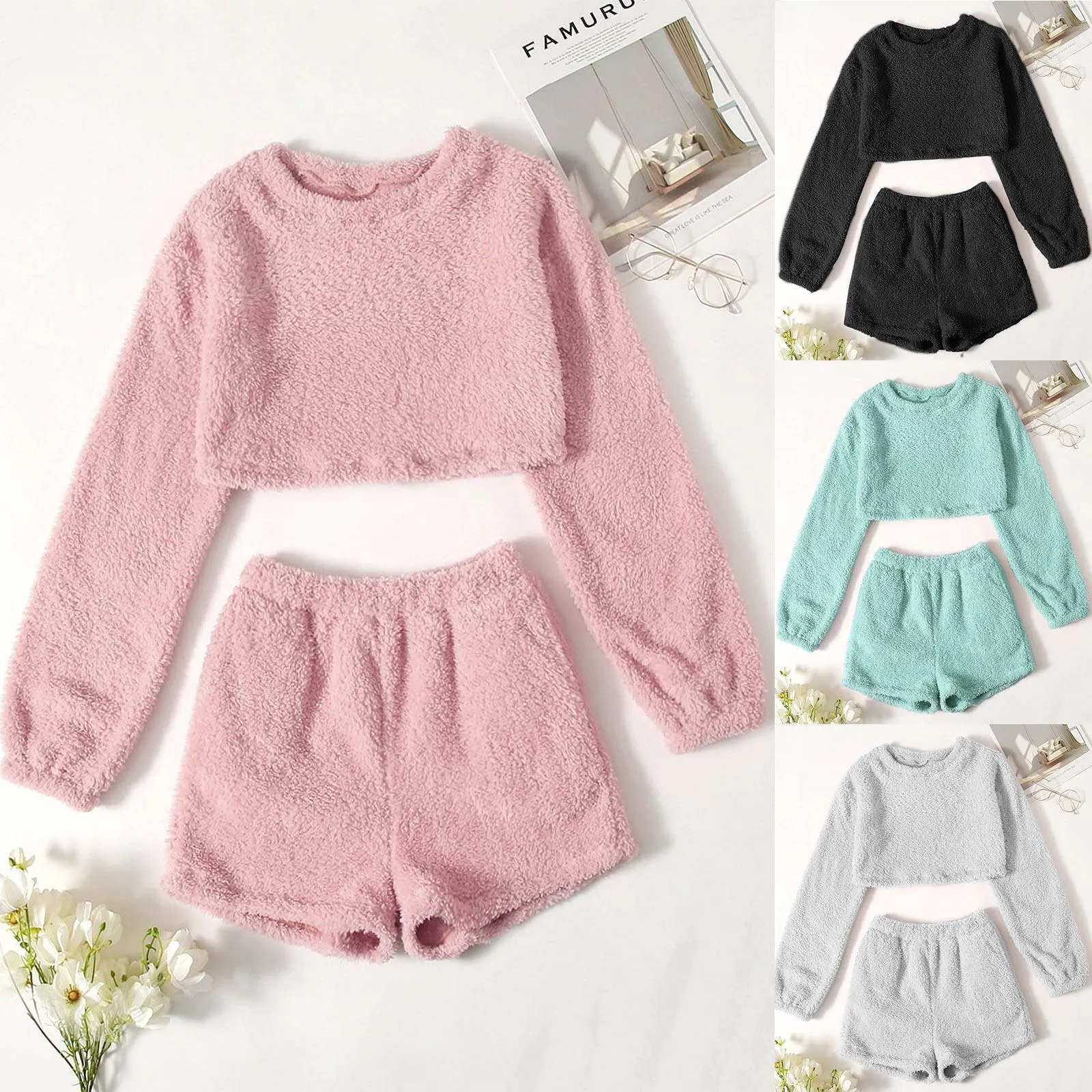 Women's Fuzzy Lounge Casual Pajamas Sets Long Sleeve Fleece Pullover and Shorts Pants Set 2 Piece Fluffy Loungewear Sleepwear