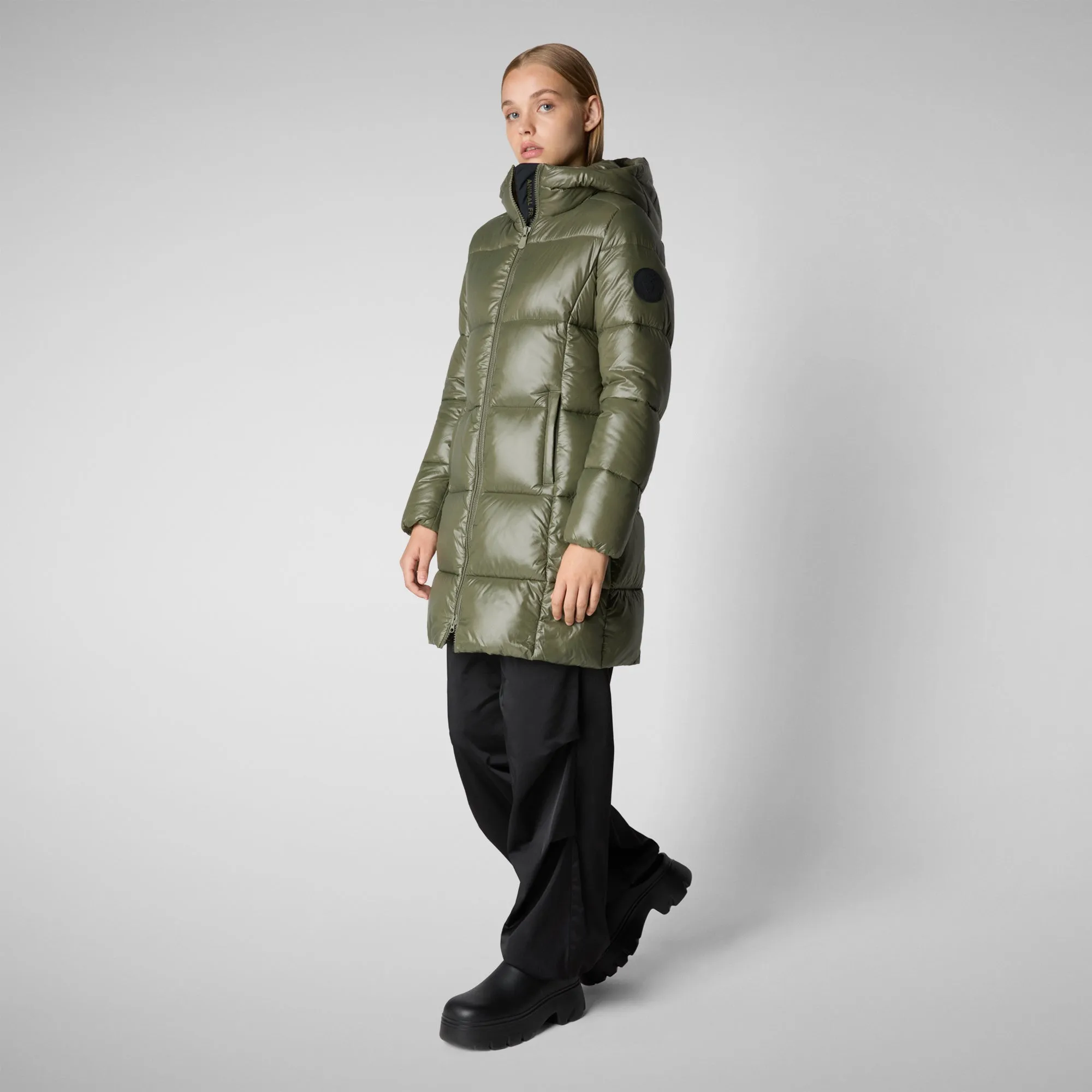 Women's Hooded Animal free Puffer Jacket Ines in Laurel Green