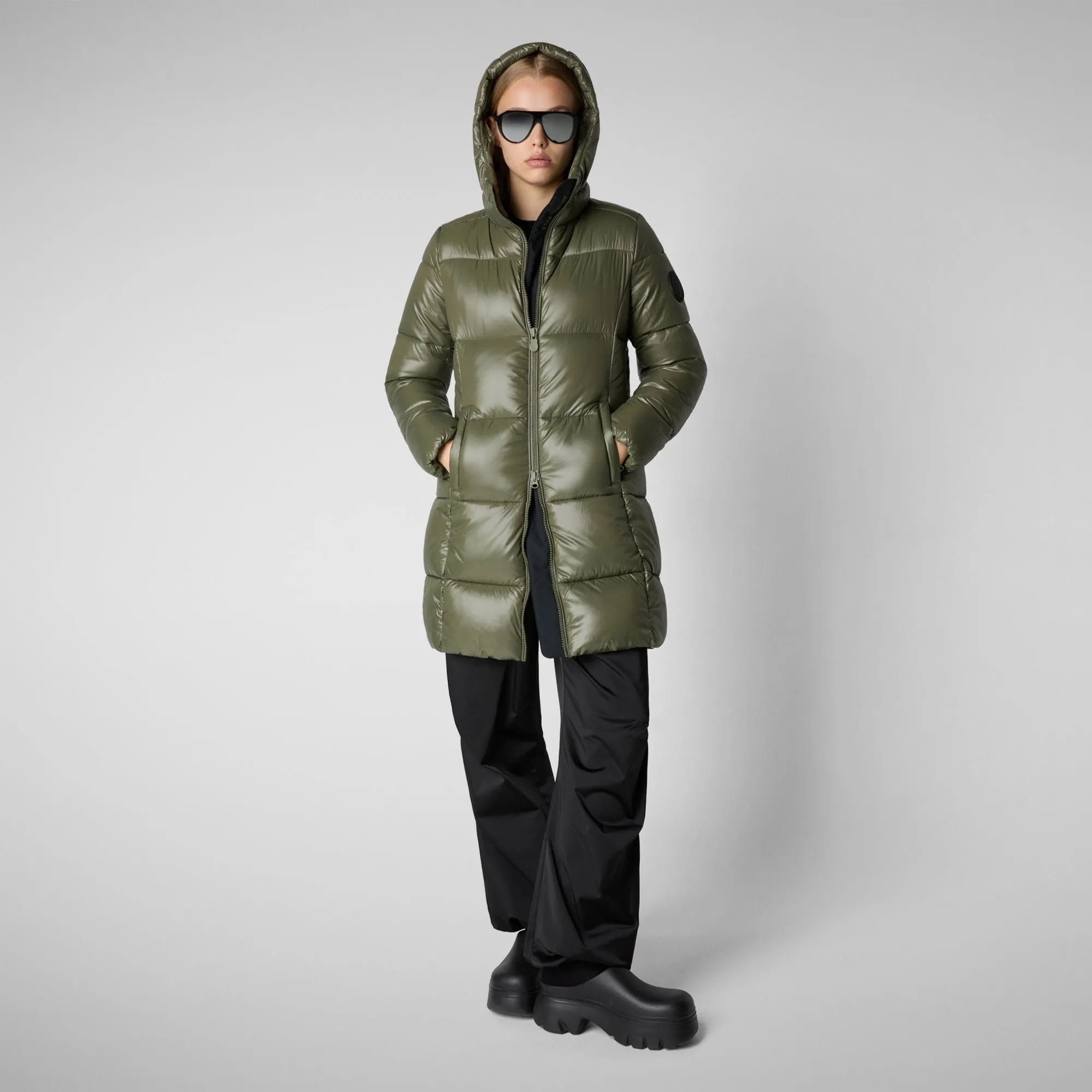 Women's Hooded Animal free Puffer Jacket Ines in Laurel Green