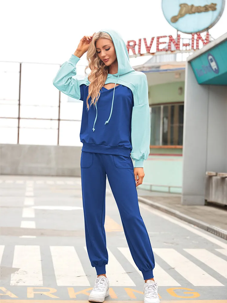 Womens Long Sleeve Cutout Hoodies and Drawstring Pants Tracksuit Lounge Set with Pockets