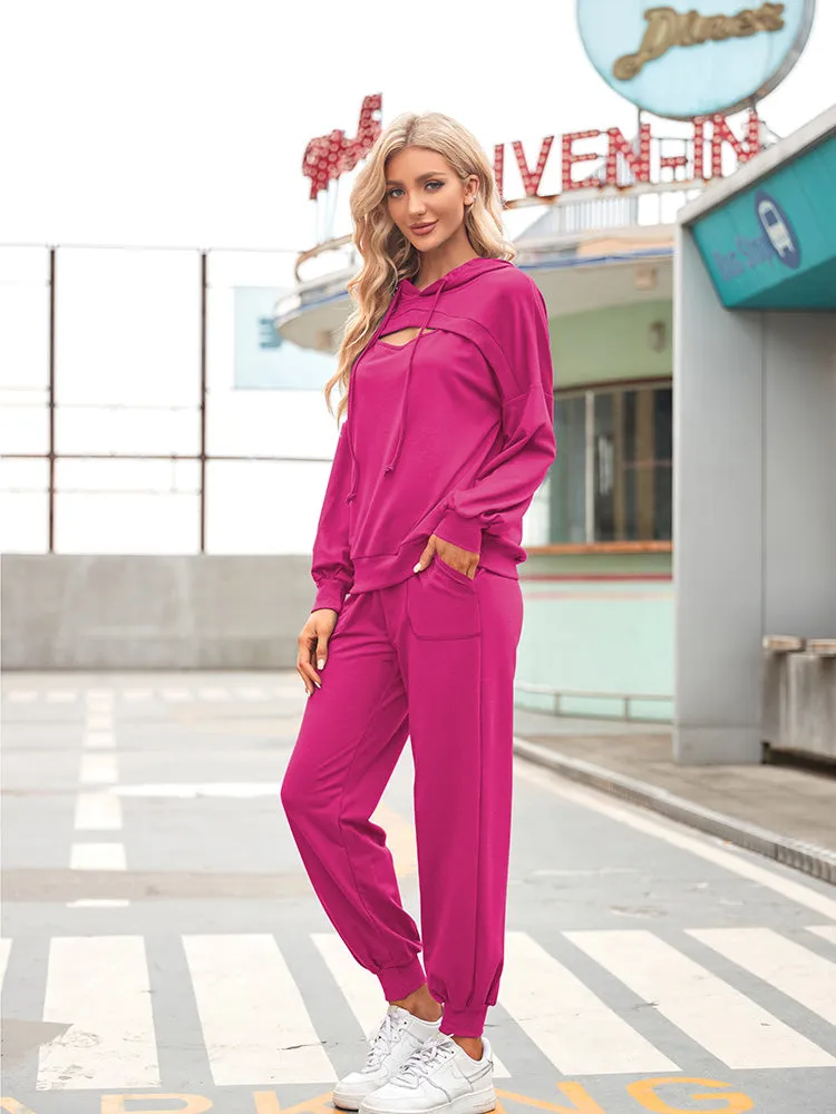 Womens Long Sleeve Cutout Hoodies and Drawstring Pants Tracksuit Lounge Set with Pockets