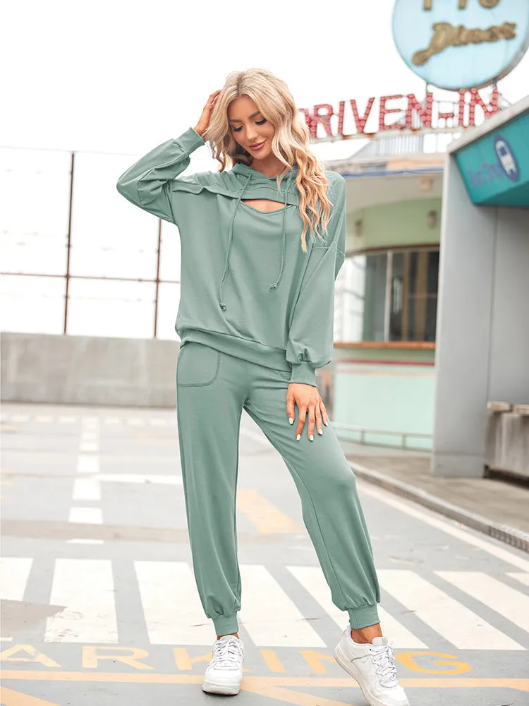 Womens Long Sleeve Cutout Hoodies and Drawstring Pants Tracksuit Lounge Set with Pockets