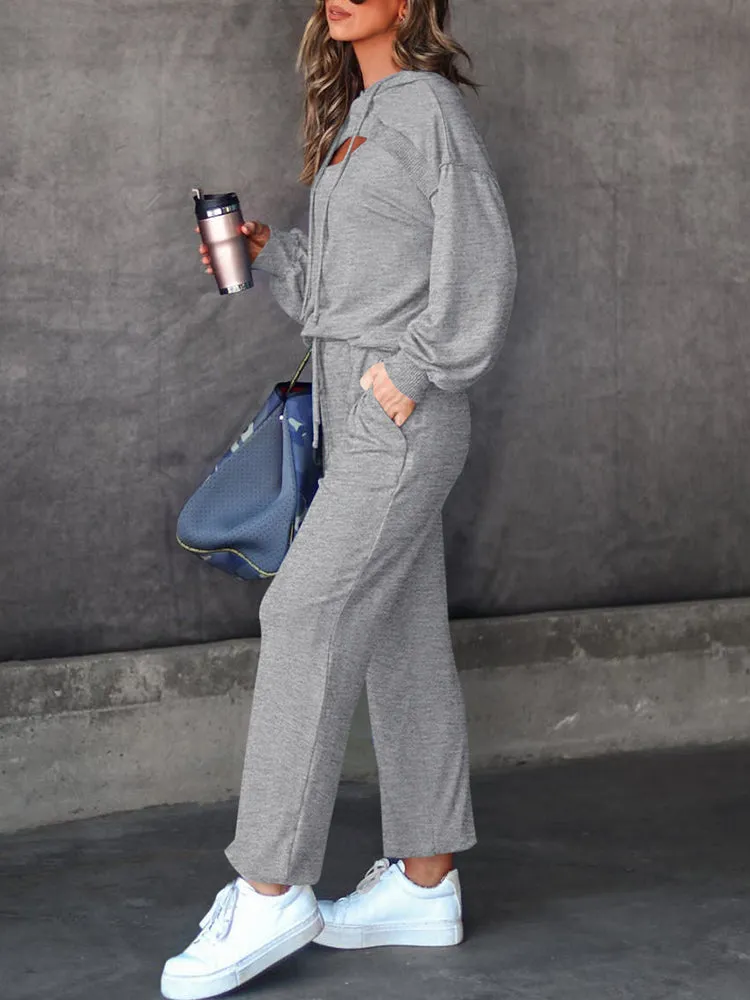 Womens Long Sleeve Cutout Hoodies and Drawstring Pants Tracksuit Lounge Set with Pockets