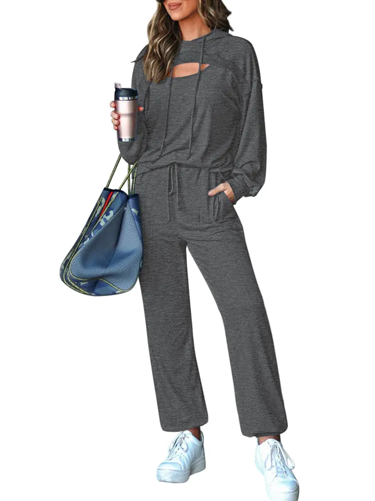 Womens Long Sleeve Cutout Hoodies and Drawstring Pants Tracksuit Lounge Set with Pockets