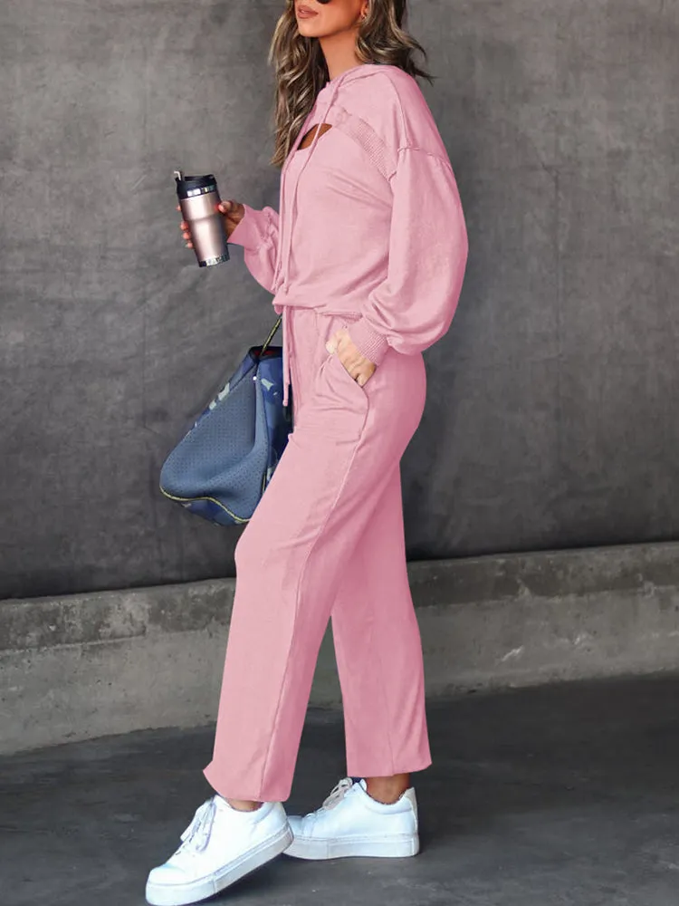 Womens Long Sleeve Cutout Hoodies and Drawstring Pants Tracksuit Lounge Set with Pockets