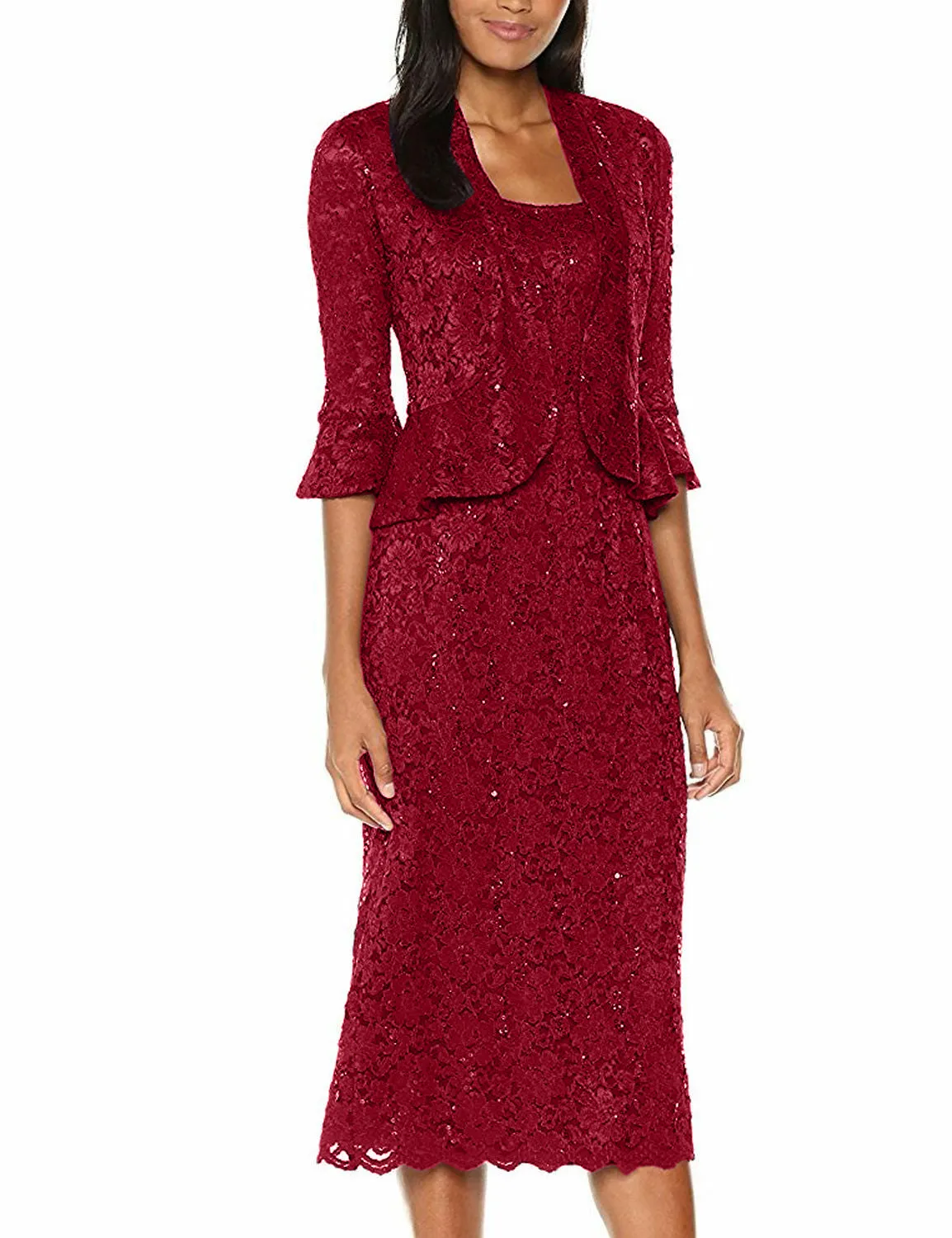 Women's Sequin Lace Midi Dress With Jacket - Mother of The Bride Wedding Dresses