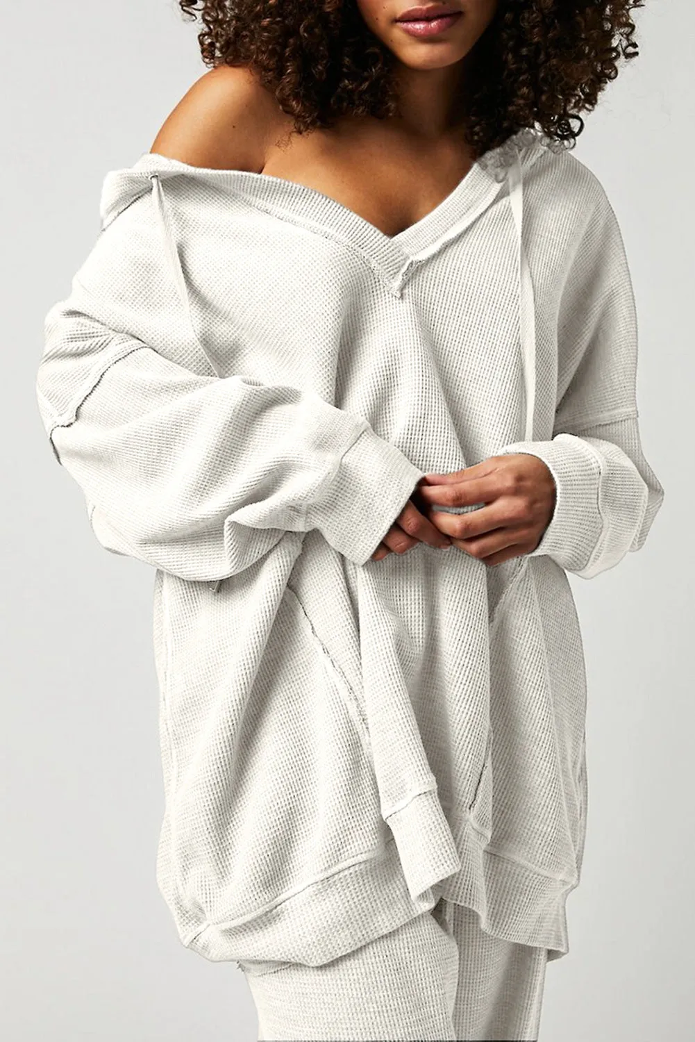 Women's V Neck Waffle Knit Drawstring Baggy Hoodie