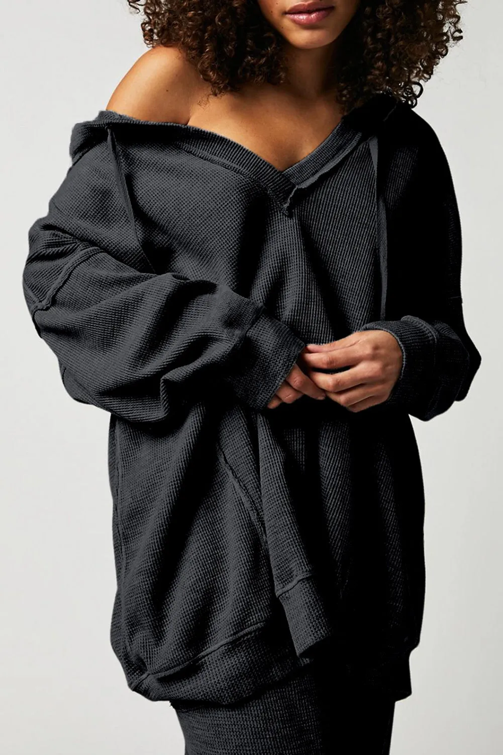 Women's V Neck Waffle Knit Drawstring Baggy Hoodie