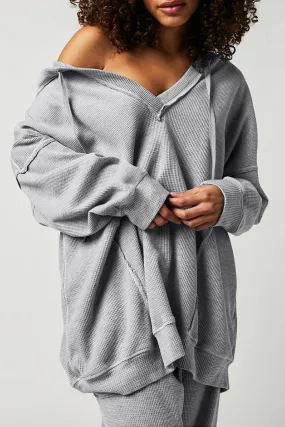 Women's V Neck Waffle Knit Drawstring Baggy Hoodie