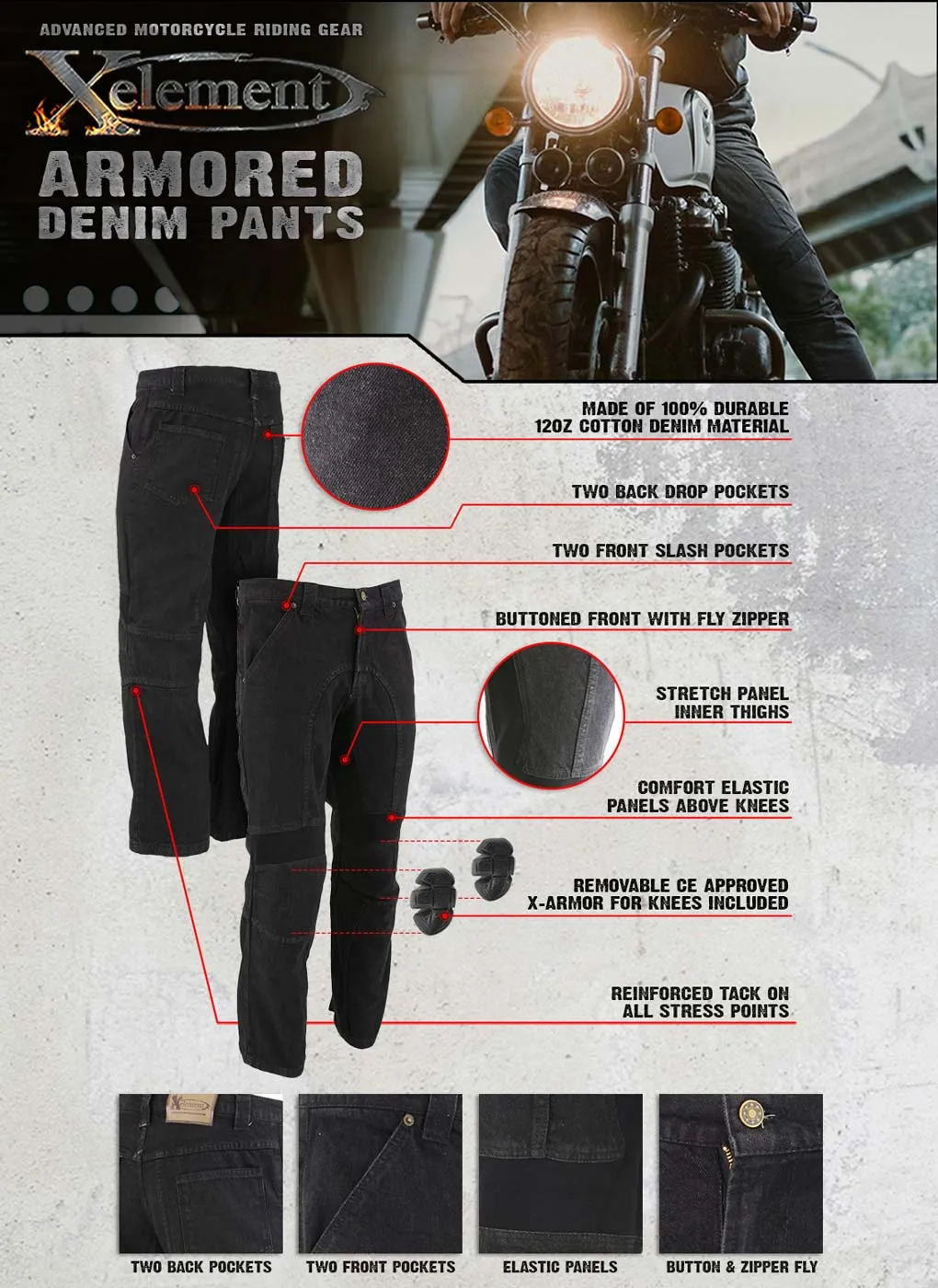 Xelement Men's Classic Fit Denim Motorcycle Racing Pants with CE Armor Protection 055030 055029