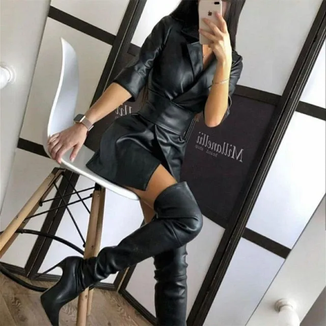 Yeknu Fall jacket women leather jacket vintage long coat women pu faux leather coat notched single breasted blazer streetwear