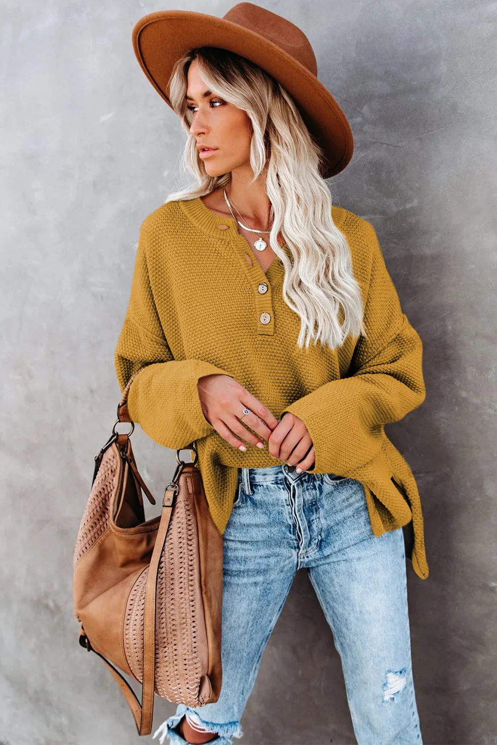 Yellow Drop Shoulder Henley Pullover Sweater With Slits